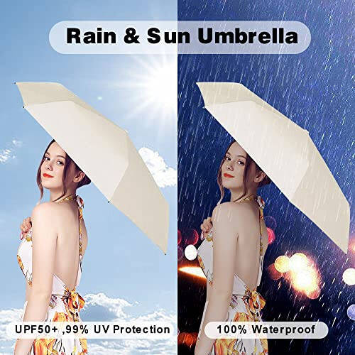 ESUFEIR Mini Travel Sun Umbrella for Purse With Case,Small Compact UV Umbrella Protection Sun,Lightweight Portable Parasol Umbrella Windproof for Women Men Kids (Beige) - 3