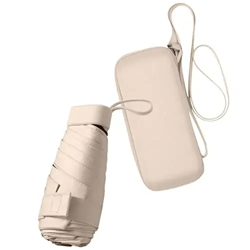 ESUFEIR Mini Travel Sun Umbrella for Purse With Case,Small Compact UV Umbrella Protection Sun,Lightweight Portable Parasol Umbrella Windproof for Women Men Kids (Beige) - ESUFEIR