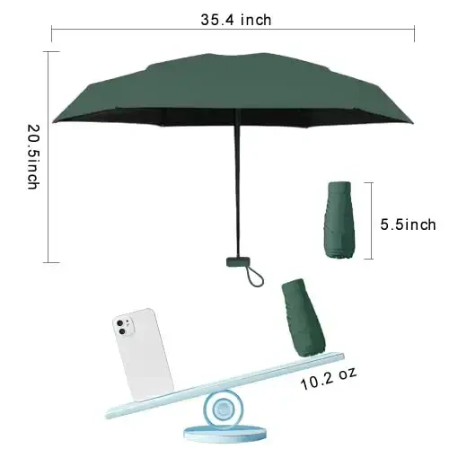 ESUFEIR Mini Travel Sun Umbrella for Purse With Case,Small Compact UV Umbrella Protection Sun,Lightweight Portable Parasol Windproof for Women Men Kids (Dark green) - 6