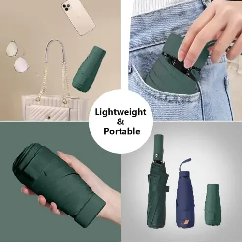 ESUFEIR Mini Travel Sun Umbrella for Purse With Case,Small Compact UV Umbrella Protection Sun,Lightweight Portable Parasol Windproof for Women Men Kids (Dark green) - 5