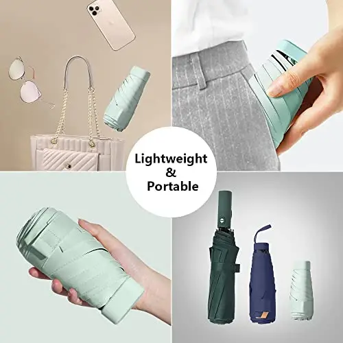 ESUFEIR Mini Travel Sun Umbrella for Purse With Case,Small Compact UV Umbrella Protection Sun,Lightweight Portable Parasol Windproof for Women Men Kids (Green) - 5