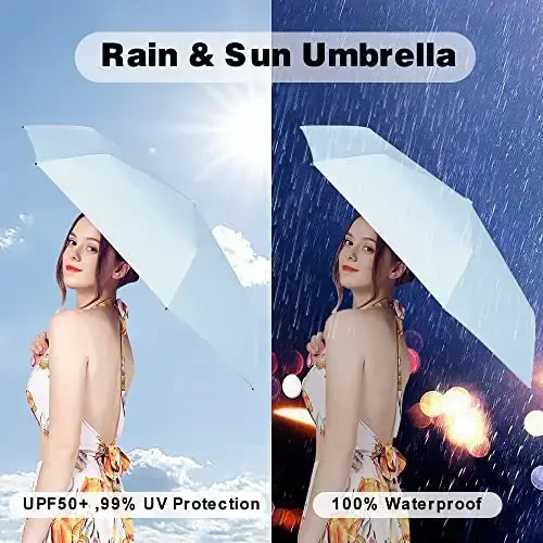 ESUFEIR Mini Travel Sun Umbrella for Purse With Case,Small Compact UV Umbrella Protection Sun,Lightweight Portable Parasol Windproof for Women Men Kids (syblue) - 3