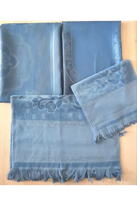 Etamin Embroidery Prayer Set Bundle Prayer Rug 2 Towels-blue - GONCA TEKSTİL