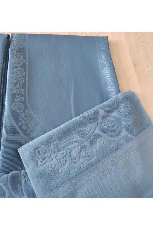 Etamin Embroidery Prayer Set Bundle Prayer Rug 2 Towels-blue - 3
