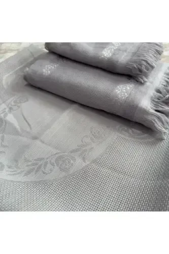 ETAMIN EMBROIDERY SINGLE PRAYER RUG AND SMALL AND LARGE TOWEL. EMBROIDERY PRAYER RUG AND TOWEL 3 PCS SET.-GRAY - HMZ (1)