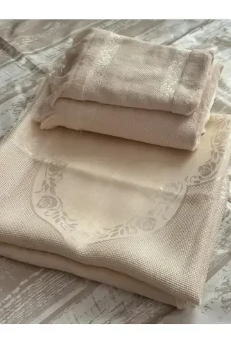 ETAMIN EMBROIDERY SINGLE PRAYER RUG AND SMALL LARGE TOWEL . EMBROIDERY PRAYER RUG AND TOWEL 3-PIECE SET.-CAPPUCCINO - HMZ (1)