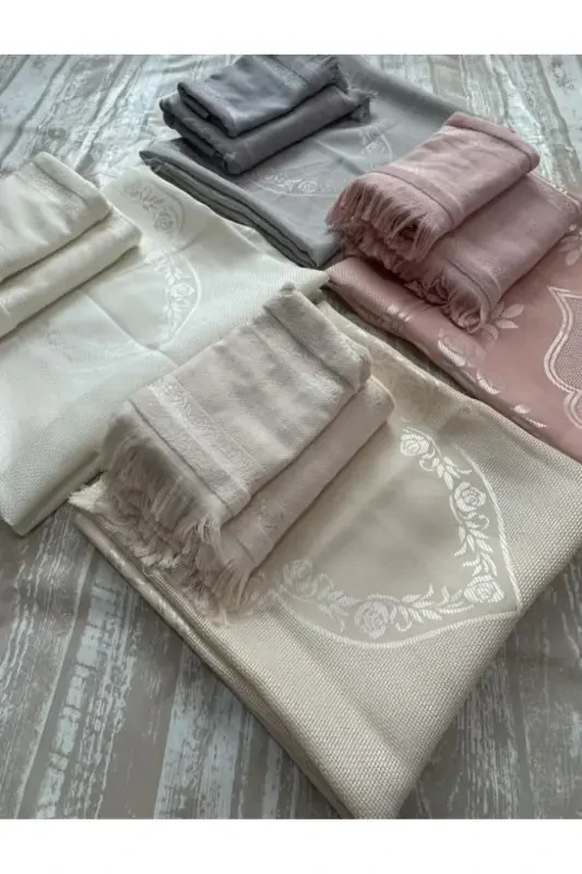 ETAMIN EMBROIDERY SINGLE PRAYER RUG AND SMALL LARGE TOWEL . EMBROIDERY PRAYER RUG AND TOWEL 3-PIECE SET.-CAPPUCCINO - 6
