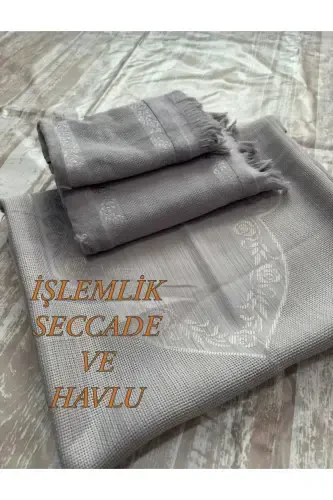 ETAMİN İŞLEMELİK TEK SECCADE VE KÜÇÜK BÜYÜK HAVLU . İŞLEMELİK SECCADE VE HAVLU 3 LÜ SET.-GRİ - 1