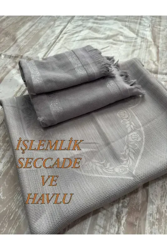 ETAMİN İŞLEMELİK TEK SECCADE VE KÜÇÜK BÜYÜK HAVLU . İŞLEMELİK SECCADE VE HAVLU 3 LÜ SET.-GRİ - 1