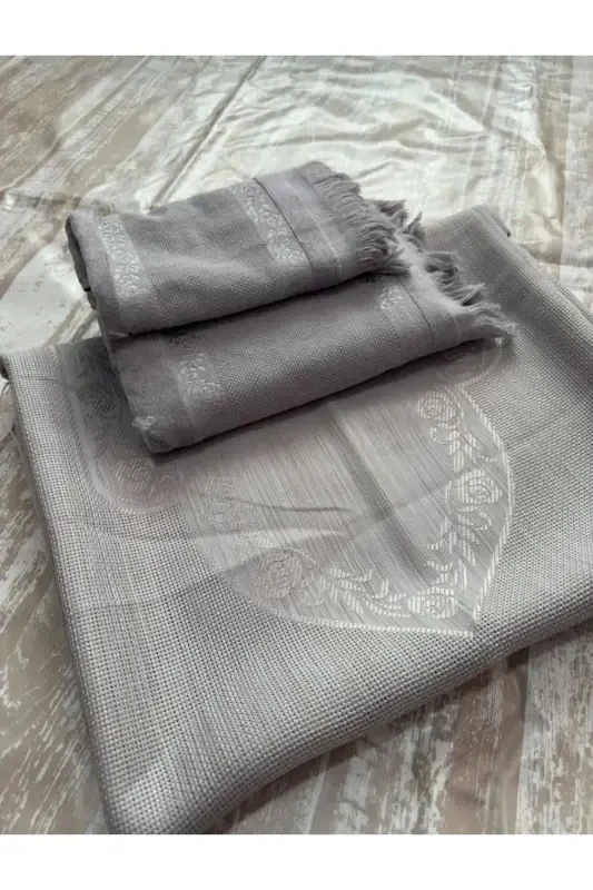 ETAMİN İŞLEMELİK TEK SECCADE VE KÜÇÜK BÜYÜK HAVLU . İŞLEMELİK SECCADE VE HAVLU 3 LÜ SET.-GRİ - 3