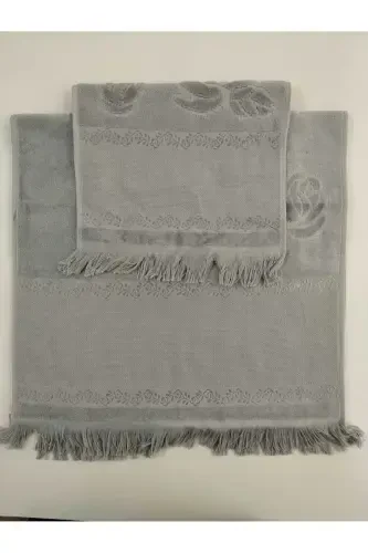 ETAMİN İŞLEMELİK TEK SECCADE VE KÜÇÜK BÜYÜK HAVLU . İŞLEMELİK SECCADE VE HAVLU 3 LÜ SET.-GRİ - 4