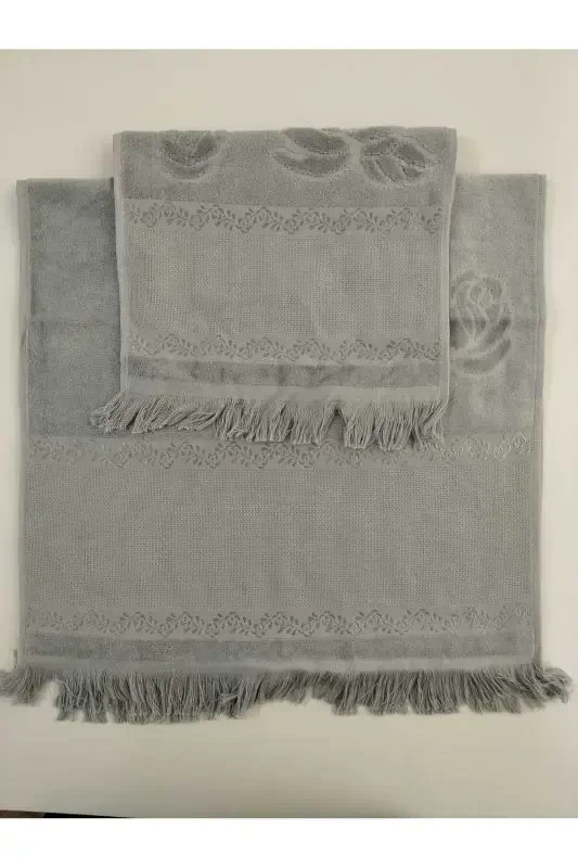 ETAMİN İŞLEMELİK TEK SECCADE VE KÜÇÜK BÜYÜK HAVLU . İŞLEMELİK SECCADE VE HAVLU 3 LÜ SET.-GRİ - 4