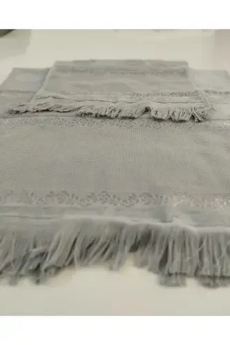 ETAMİN İŞLEMELİK TEK SECCADE VE KÜÇÜK BÜYÜK HAVLU . İŞLEMELİK SECCADE VE HAVLU 3 LÜ SET.-GRİ - 5