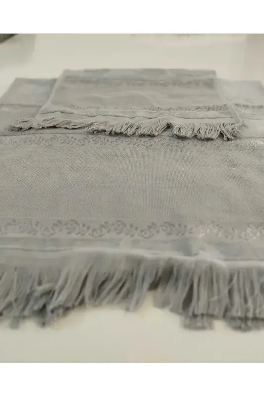 ETAMİN İŞLEMELİK TEK SECCADE VE KÜÇÜK BÜYÜK HAVLU . İŞLEMELİK SECCADE VE HAVLU 3 LÜ SET.-GRİ - 5