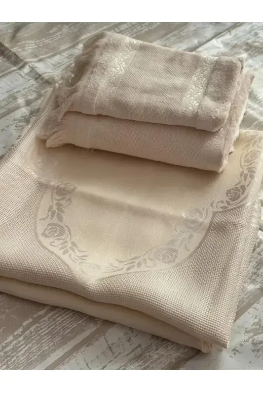 ETAMİN İŞLEMELİK TEK SECCADE VE KÜÇÜK BÜYÜK HAVLU . İŞLEMELİK SECCADE VE HAVLU 3 LÜ SET.-KAPPİÇİNO - 2