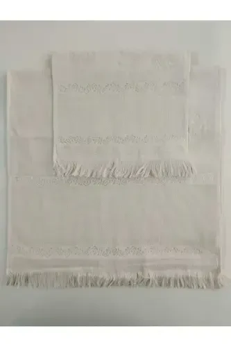 ETAMİN İŞLEMELİK TEK SECCADE VE KÜÇÜK BÜYÜK HAVLU . İŞLEMELİK SECCADE VE HAVLU 3 LÜ SET.-KAPPİÇİNO - 3