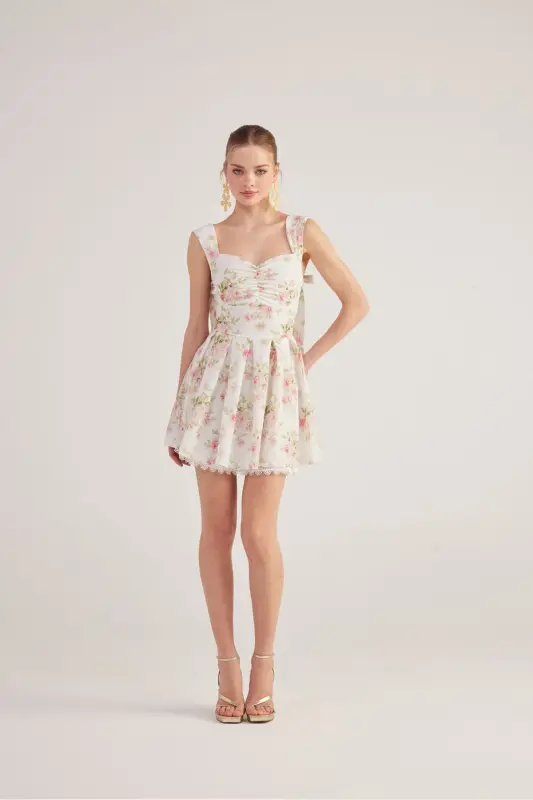 Eteği Brode Detaylı Çiçekli Mini Romance Elbise Pembe - Pembe - 9