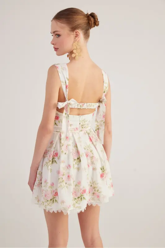 Eteği Brode Detaylı Çiçekli Mini Romance Elbise Pembe - Pembe - 3