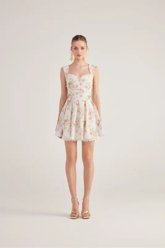 Eteği Brode Detaylı Çiçekli Mini Romance Elbise Pembe - Pembe - 4
