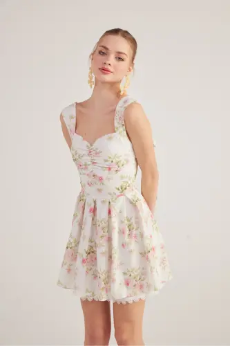 Eteği Brode Detaylı Çiçekli Mini Romance Elbise Pembe - Pembe - 5