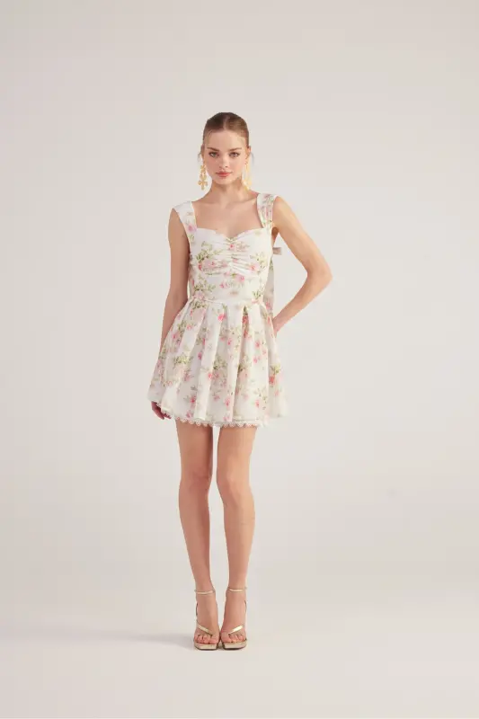 Eteği Brode Detaylı Çiçekli Mini Romance Elbise Pembe - Pembe - 8