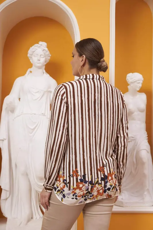 Eteği Çiçek Desenli Vual Viskon Büyük Beden Kahve Gömlek - 7