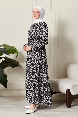 Eteği Kat Kat Çiçek Desenli Çingene Viskon Elbise Tesettür Elbise Anne Elbisesi Namaz Elbisesi-Çiçek Desen Siyah 