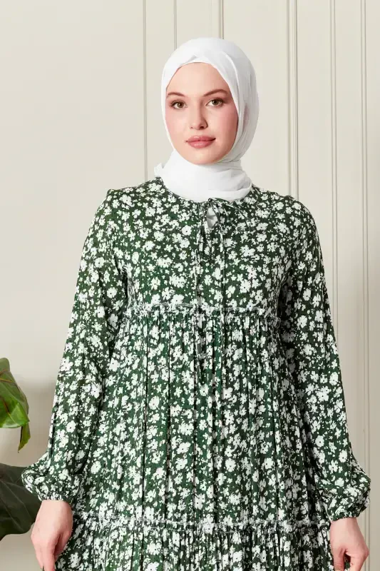 Eteği Kat Kat Çiçek Desenli Çingene Viskon Elbise Tesettür Elbise Anne Elbisesi Namaz Elbisesi-Çiçek Desen Yeşil - 5
