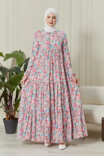Eteği Kat Kat Çiçek Desenli Çingene Viskon Elbise Tesettür Elbise Anne Elbisesi Namaz Elbisesi-Pudra - 1