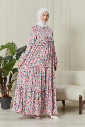 Eteği Kat Kat Çiçek Desenli Çingene Viskon Elbise Tesettür Elbise Anne Elbisesi Namaz Elbisesi-Pudra - FISTAN (1)