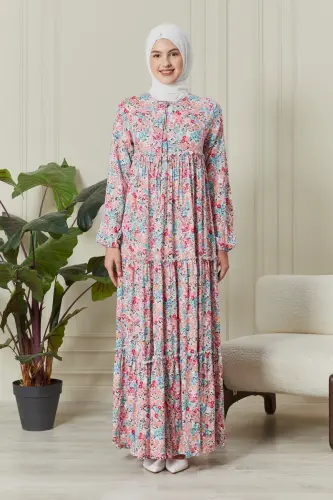 Eteği Kat Kat Çiçek Desenli Çingene Viskon Elbise Tesettür Elbise Anne Elbisesi Namaz Elbisesi-Pudra - 3