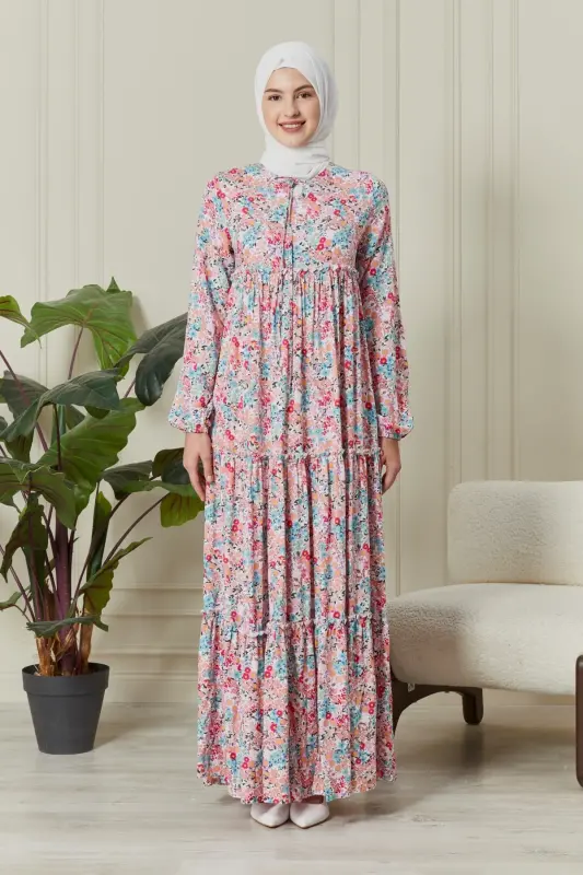 Eteği Kat Kat Çiçek Desenli Çingene Viskon Elbise Tesettür Elbise Anne Elbisesi Namaz Elbisesi-Pudra - 3