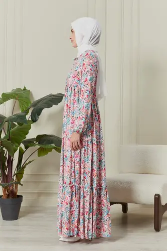 Eteği Kat Kat Çiçek Desenli Çingene Viskon Elbise Tesettür Elbise Anne Elbisesi Namaz Elbisesi-Pudra - 4