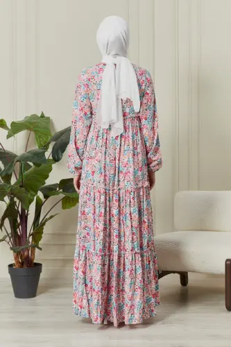 Eteği Kat Kat Çiçek Desenli Çingene Viskon Elbise Tesettür Elbise Anne Elbisesi Namaz Elbisesi-Pudra - 5
