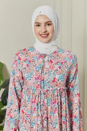 Eteği Kat Kat Çiçek Desenli Çingene Viskon Elbise Tesettür Elbise Anne Elbisesi Namaz Elbisesi-Pudra - 6