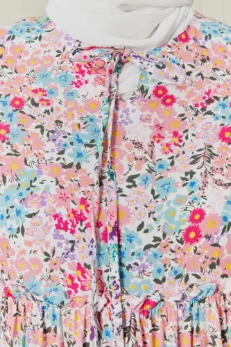 Eteği Kat Kat Çiçek Desenli Çingene Viskon Elbise Tesettür Elbise Anne Elbisesi Namaz Elbisesi-Pudra - 7