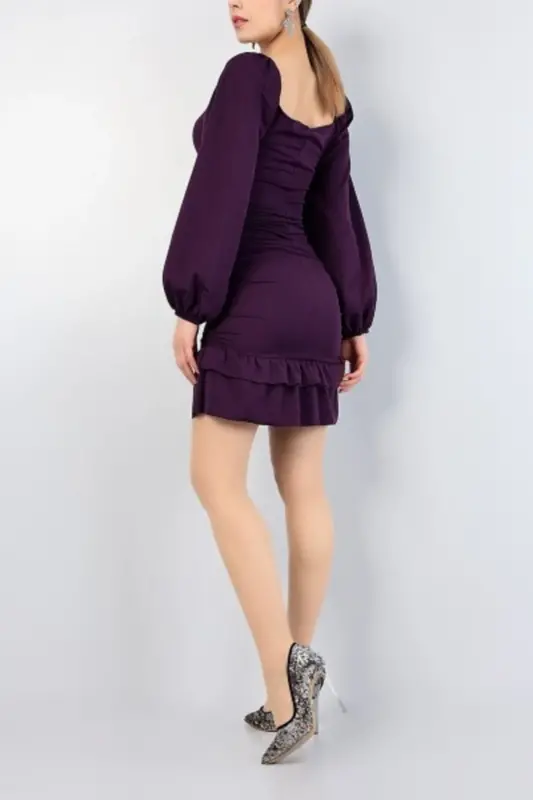 Eteği Katlı Uzun Kollu Esnek Krep Kumaş Mor Abiye Elbise Gece Elbisesi Mini Elbise 581878 639 - MOR MİNİ - 9