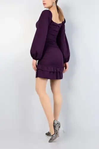 Eteği Katlı Uzun Kollu Esnek Krep Kumaş Mor Abiye Elbise Gece Elbisesi Mini Elbise 581878 639 - MOR MİNİ - 2