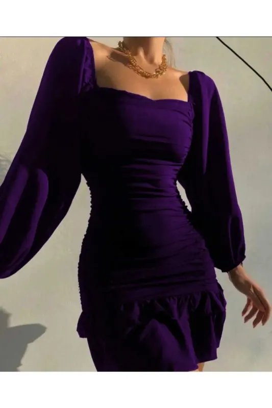 Eteği Katlı Uzun Kollu Esnek Krep Kumaş Mor Abiye Elbise Gece Elbisesi Mini Elbise 581878 639 - MOR MİNİ - 4