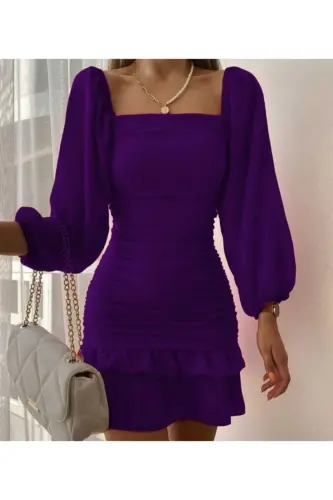 Eteği Katlı Uzun Kollu Esnek Krep Kumaş Mor Abiye Elbise Gece Elbisesi Mini Elbise 581878 639 - MOR MİNİ - 5