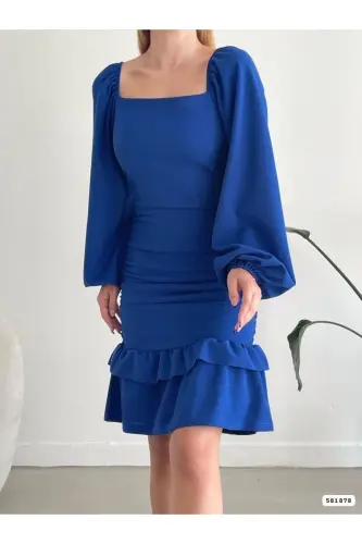 Eteği Katlı Uzun Kollu Likralı Krep Kumaş Mavi Abiye Elbise Gece Elbisesi Mini Elbise 581878 639 - MAVİ MİNİ - 2