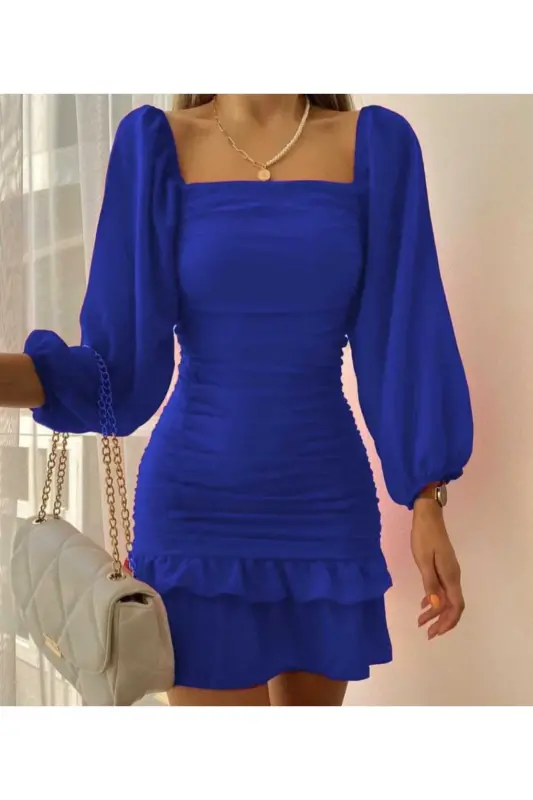 Eteği Katlı Uzun Kollu Likralı Krep Kumaş Mavi Abiye Elbise Gece Elbisesi Mini Elbise 581878 639 - MAVİ MİNİ - 3