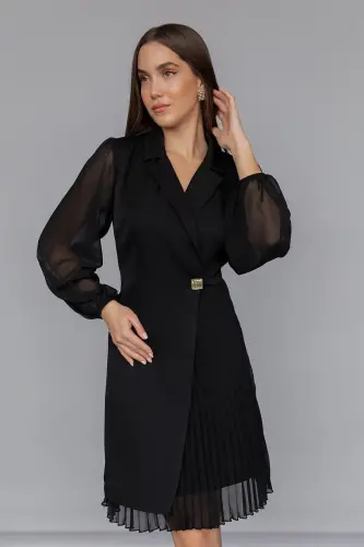 Eteği Piliseli Kruvaze Ceket Yaka Kolları Tül Detaylı Siyah Abiye Elbise 24K2169-SİYAH - LOVEBOX (1)