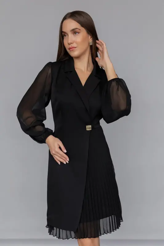 Eteği Piliseli Kruvaze Ceket Yaka Kolları Tül Detaylı Siyah Abiye Elbise 24K2169-SİYAH - 2
