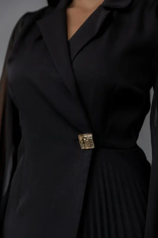 Eteği Piliseli Kruvaze Ceket Yaka Kolları Tül Detaylı Siyah Abiye Elbise 24K2169-SİYAH - 3