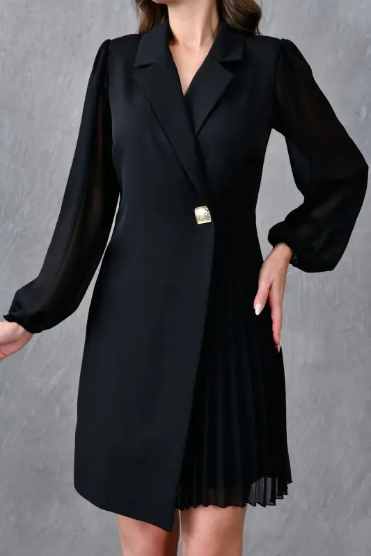 Eteği Piliseli Kruvaze Ceket Yaka Kolları Tül Detaylı Siyah Abiye Elbise 24K2169-SİYAH - 5