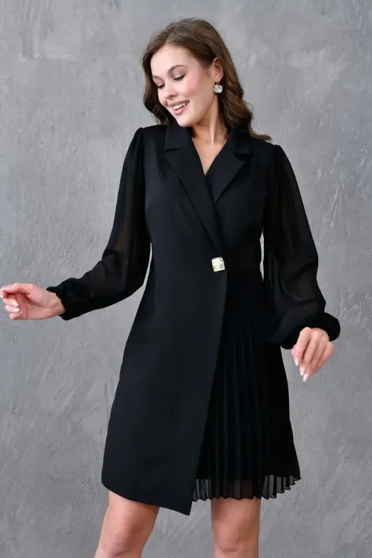 Eteği Piliseli Kruvaze Ceket Yaka Kolları Tül Detaylı Siyah Abiye Elbise 24K2169-SİYAH - 8