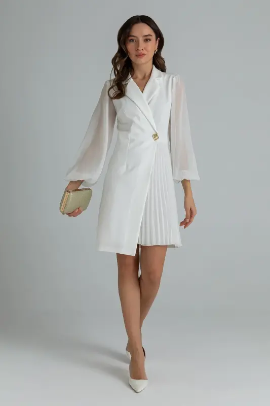 Eteği Piliseli Kruvaze Ceket Yaka Kolları Tül Detaylı Beyaz Abiye Elbise 24K2169-BEYAZ - 3