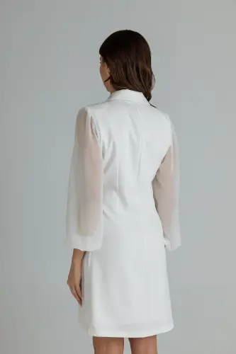 Eteği Piliseli Kruvaze Ceket Yaka Kolları Tül Detaylı Beyaz Abiye Elbise 24K2169-BEYAZ - 4