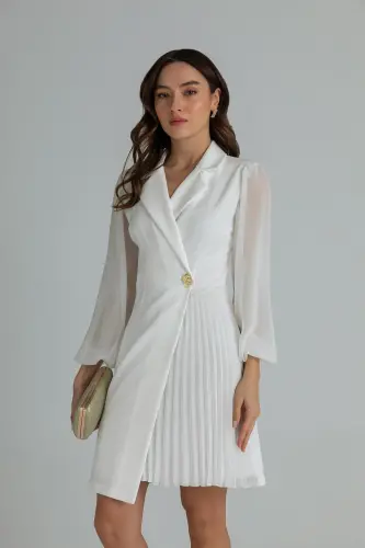 Eteği Piliseli Kruvaze Ceket Yaka Kolları Tül Detaylı Beyaz Abiye Elbise 24K2169-BEYAZ - 5